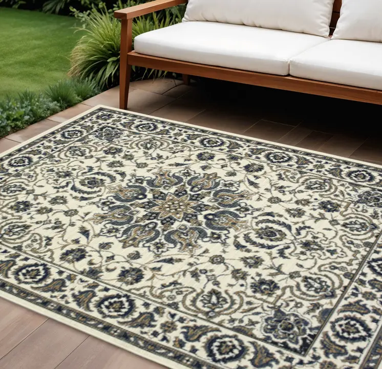 9' X 13' Ivory And Blue Oriental Indoor Outdoor Area Rug