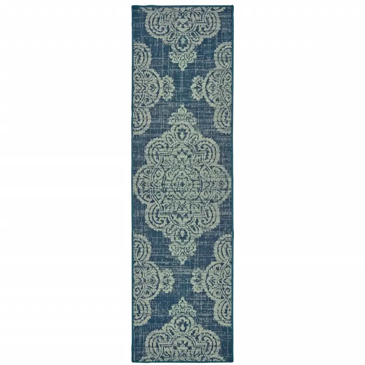 2' X 8' Blue Oriental Stain Resistant Indoor Outdoor Area Rug
