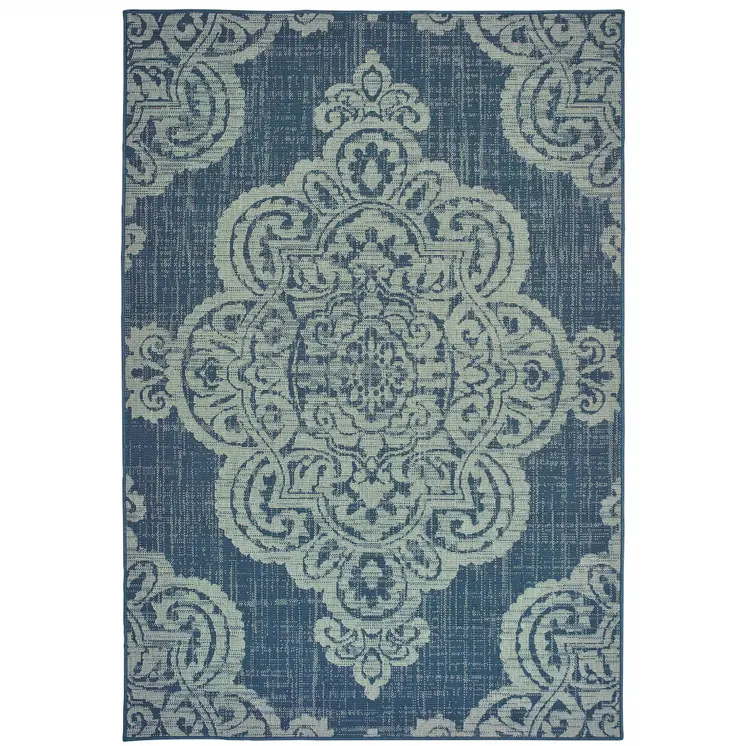 7' X 10' Blue Oriental Stain Resistant Indoor Outdoor Area Rug