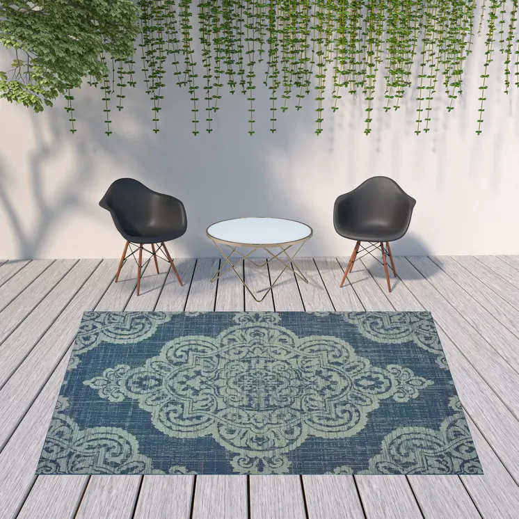 8' X 11' Blue Oriental Stain Resistant Indoor Outdoor Area Rug