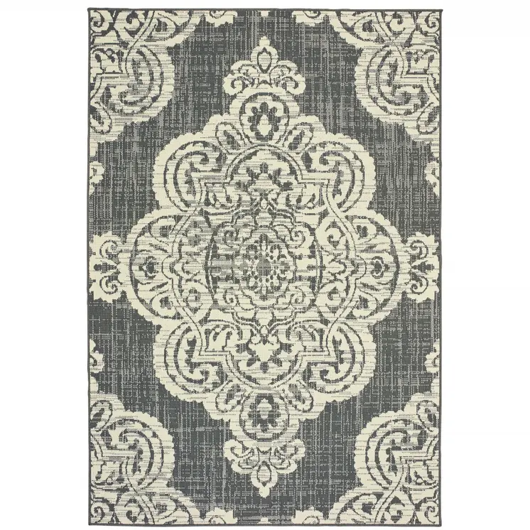 2' X 4' Gray and Ivory Oriental Stain Resistant Indoor Outdoor Area Rug
