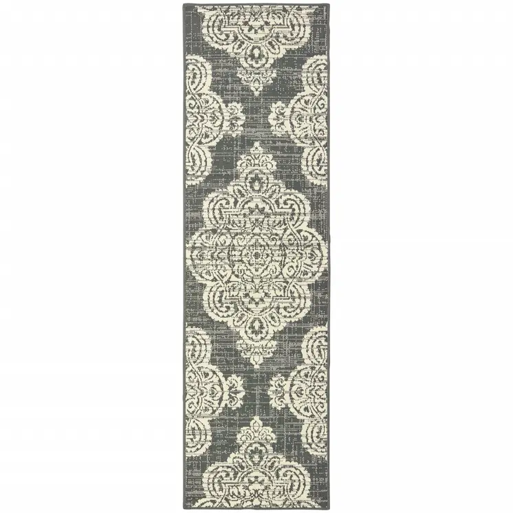 2' X 8' Gray and Ivory Oriental Stain Resistant Indoor Outdoor Area Rug