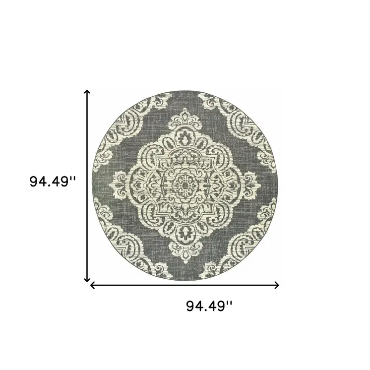 8' X 8' Gray and Ivory Round Oriental Stain Resistant Indoor Outdoor Area Rug
