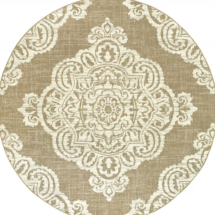 8' X 8' Tan Round Oriental Stain Resistant Indoor Outdoor Area Rug