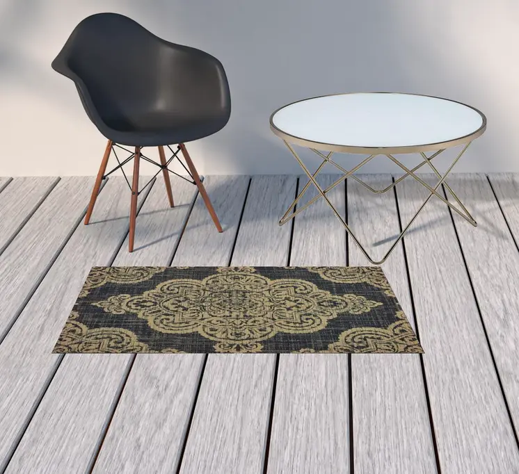 2' X 4' Black and Tan Oriental Stain Resistant Indoor Outdoor Area Rug