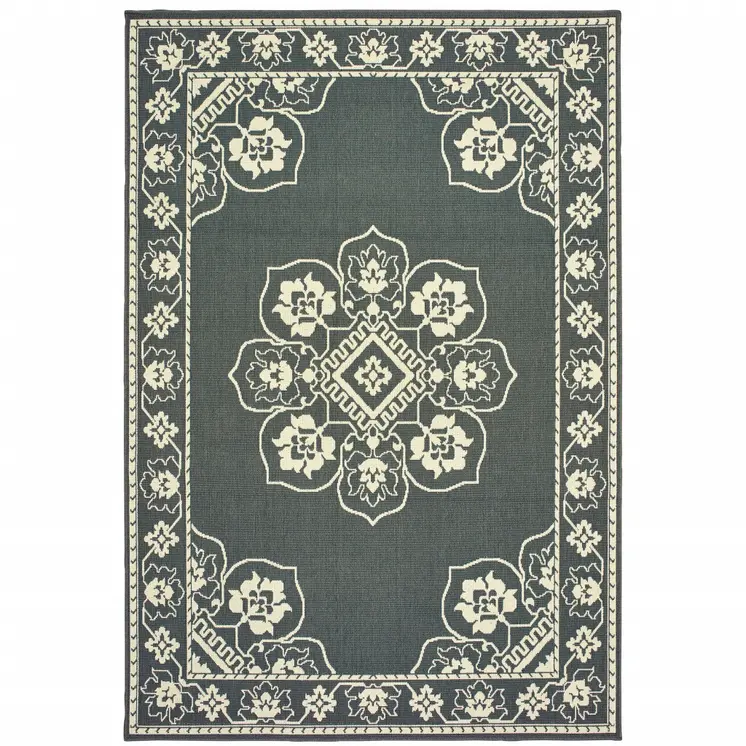 2' X 4' Gray and Ivory Oriental Stain Resistant Indoor Outdoor Area Rug
