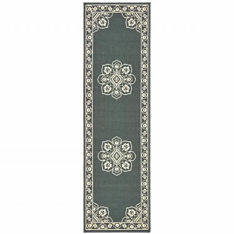 2' X 8' Gray and Ivory Oriental Stain Resistant Indoor Outdoor Area Rug