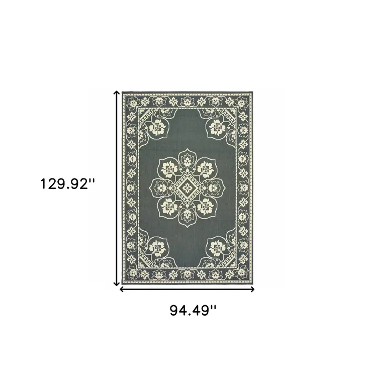 8' X 11' Gray and Ivory Oriental Stain Resistant Indoor Outdoor Area Rug