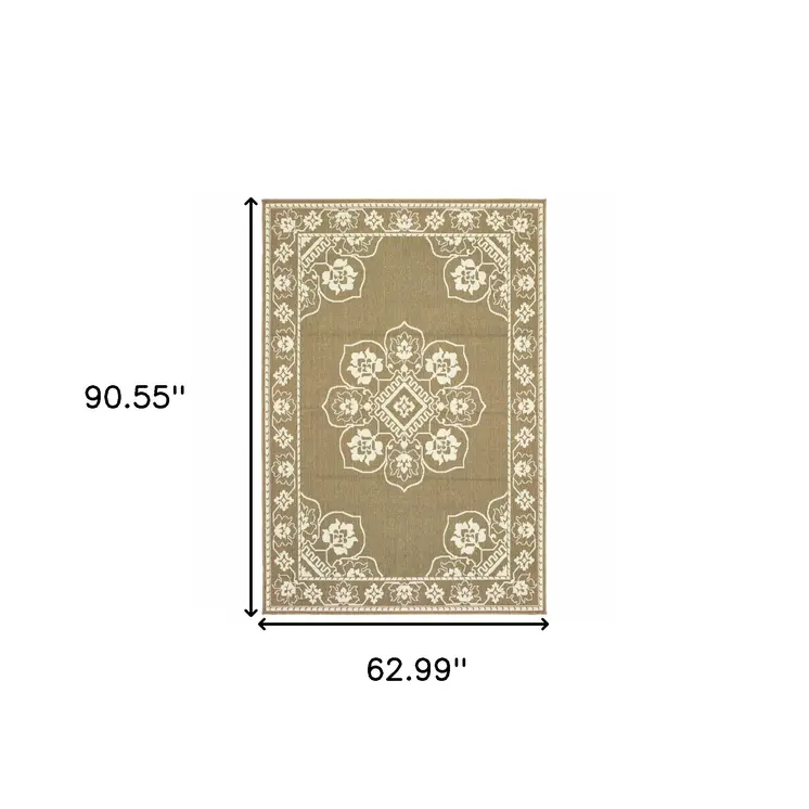 5' X 8' Tan Oriental Stain Resistant Indoor Outdoor Area Rug