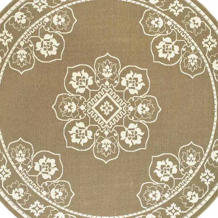 8' X 8' Tan Round Oriental Stain Resistant Indoor Outdoor Area Rug