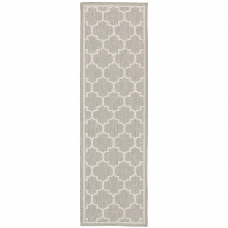 2' X 7' Gray and Ivory Geometric Stain Resistant Indoor Outdoor Area Rug