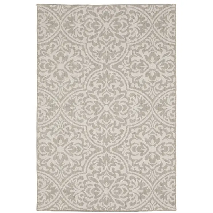 5' X 7' Gray and Ivory Floral Stain Resistant Indoor Outdoor Area Rug