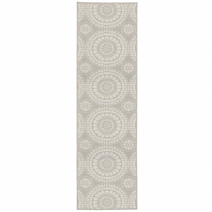 2' X 7' Gray and Ivory Geometric Stain Resistant Indoor Outdoor Area Rug