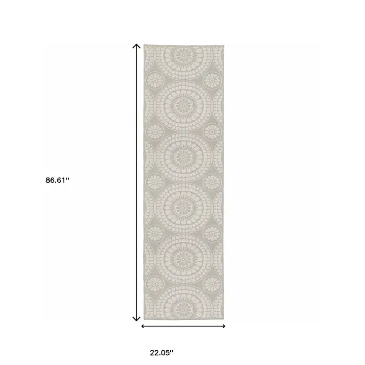 2' X 7' Gray and Ivory Geometric Stain Resistant Indoor Outdoor Area Rug