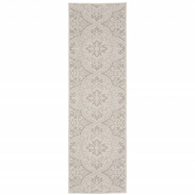 2' X 7' Gray and Ivory Floral Stain Resistant Indoor Outdoor Area Rug