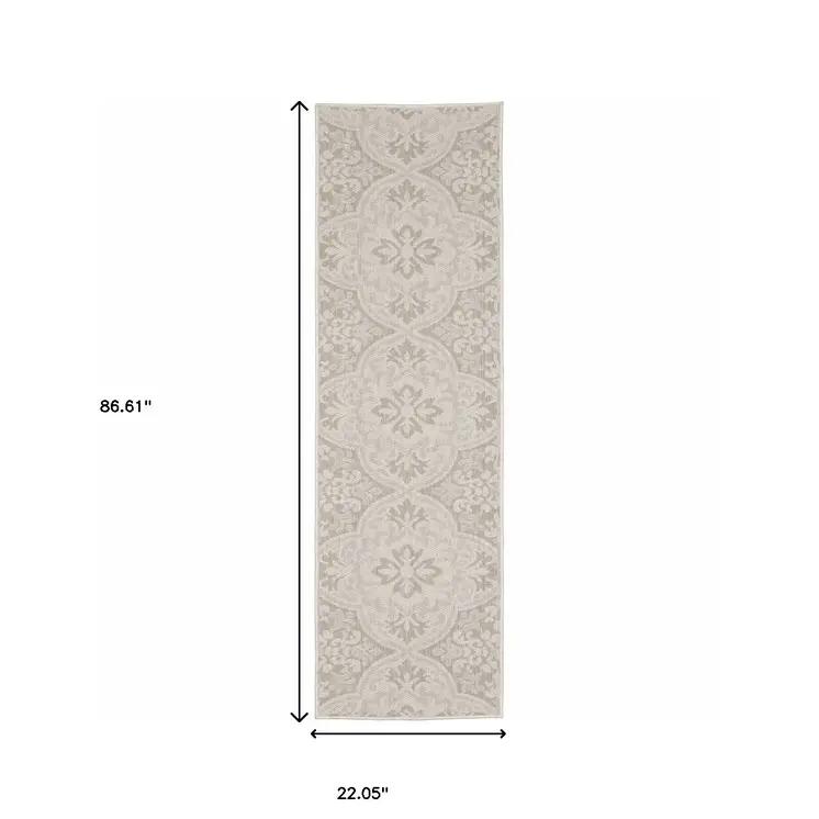 2' X 7' Gray and Ivory Floral Stain Resistant Indoor Outdoor Area Rug