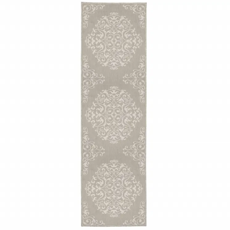 2' X 7' Gray and Ivory Oriental Stain Resistant Indoor Outdoor Area Rug