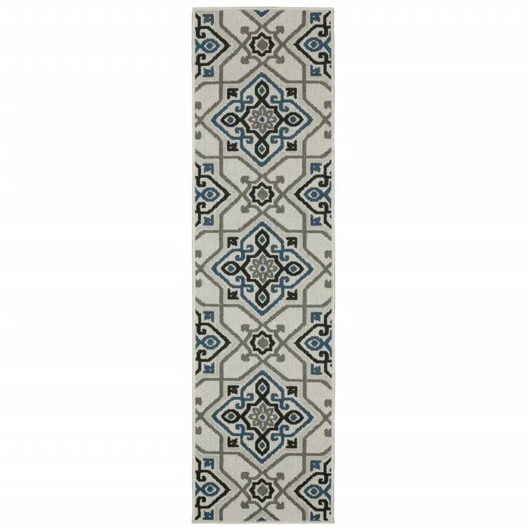2' X 7' Blue and Beige Oriental Stain Resistant Indoor Outdoor Area Rug