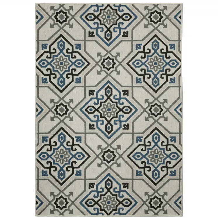 7' X 9' Blue and Beige Oriental Stain Resistant Indoor Outdoor Area Rug