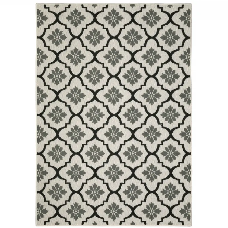2' X 4' Beige and Black Geometric Stain Resistant Indoor Outdoor Area Rug