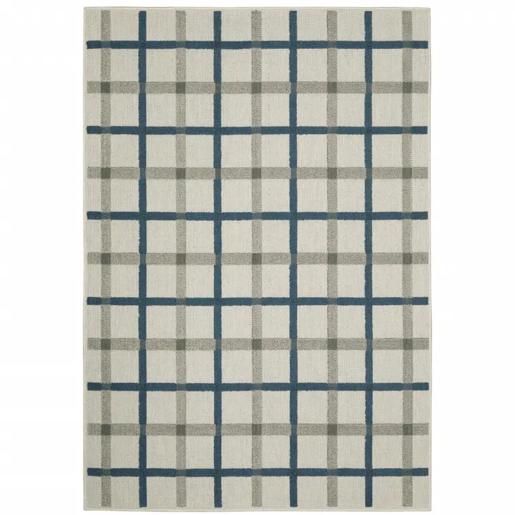 2' X 4' Blue and Beige Geometric Stain Resistant Indoor Outdoor Area Rug