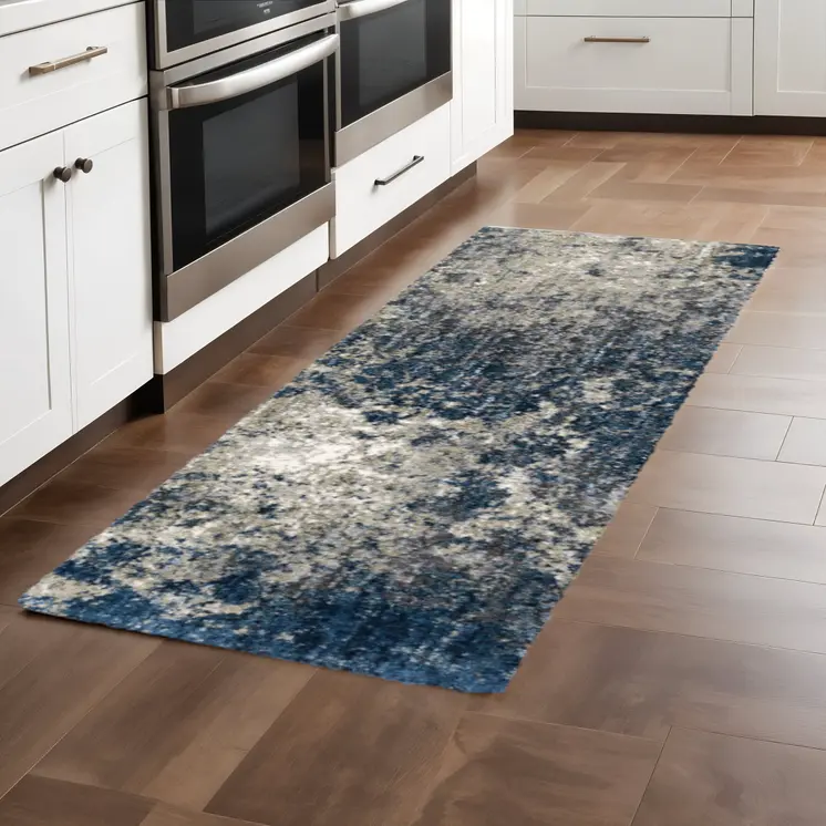 2' X 8' Blue And Grey Abstract Shag Power Loom Stain Resistant Runner Rug