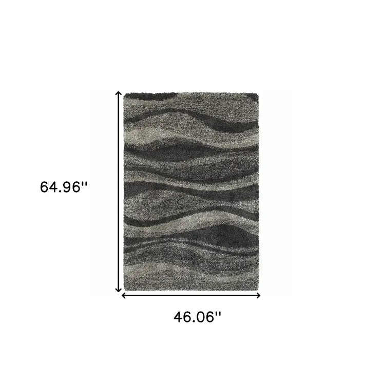 4' X 6' Charcoal Silver And Grey Abstract Shag Power Loom Stain Resistant Area Rug
