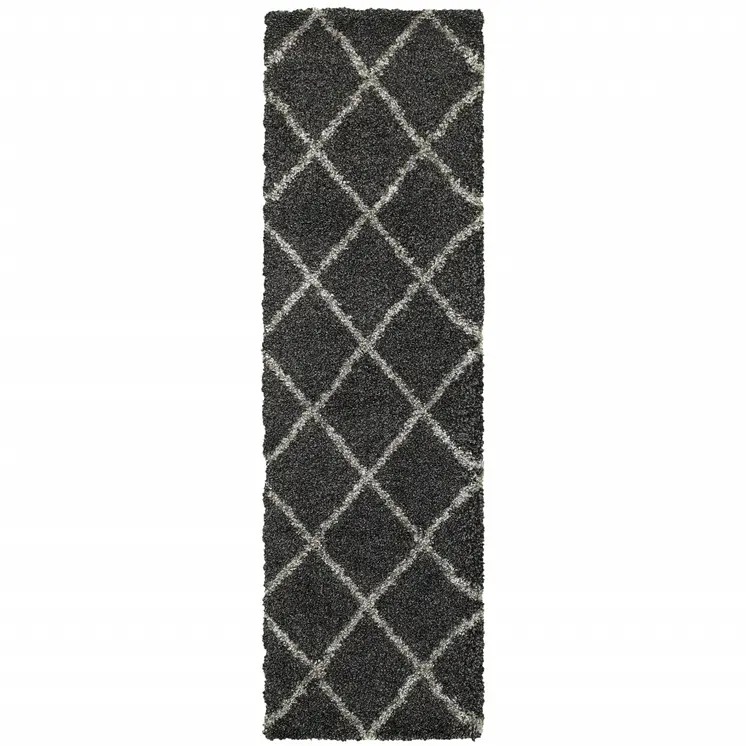 2' X 8' Charcoal And Grey Geometric Shag Power Loom Stain Resistant Runner Rug