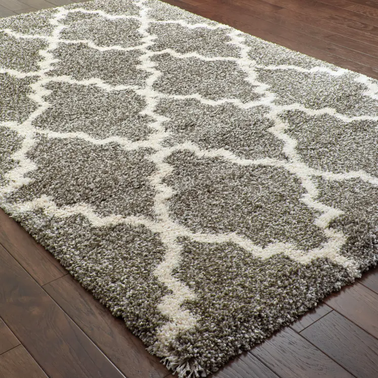 5' X 8' Grey And Ivory Geometric Shag Power Loom Stain Resistant Area Rug
