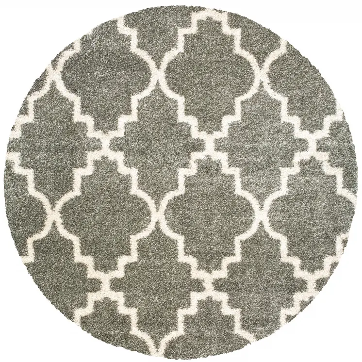 8' Grey Round Geometric Power Loom Stain Resistant Area Rug