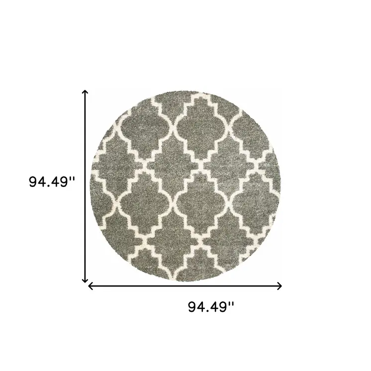 8' Grey Round Geometric Power Loom Stain Resistant Area Rug