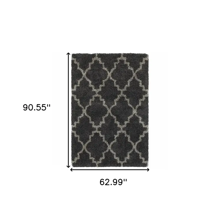 5' X 8' Charcoal And Grey Geometric Shag Power Loom Stain Resistant Area Rug