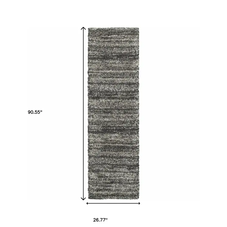 8' Black and Gray Geometric Shag Power Loom Runner Rug