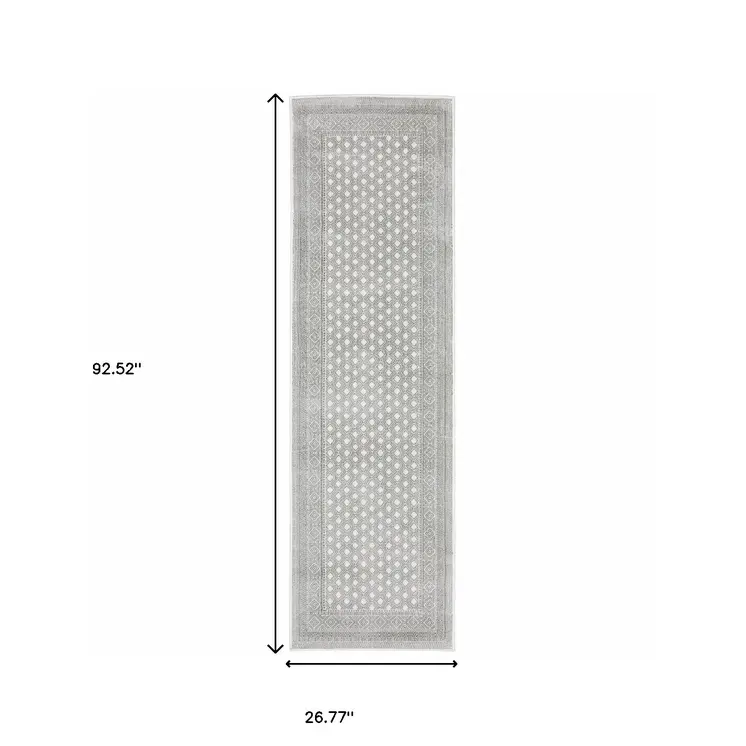 2' X 8' White And Grey Oriental Power Loom Stain Resistant Runner Rug