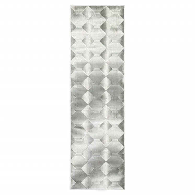 2' X 8' Grey And White Geometric Power Loom Stain Resistant Runner Rug