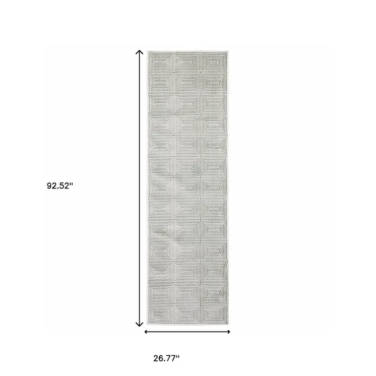 2' X 8' Grey And White Geometric Power Loom Stain Resistant Runner Rug
