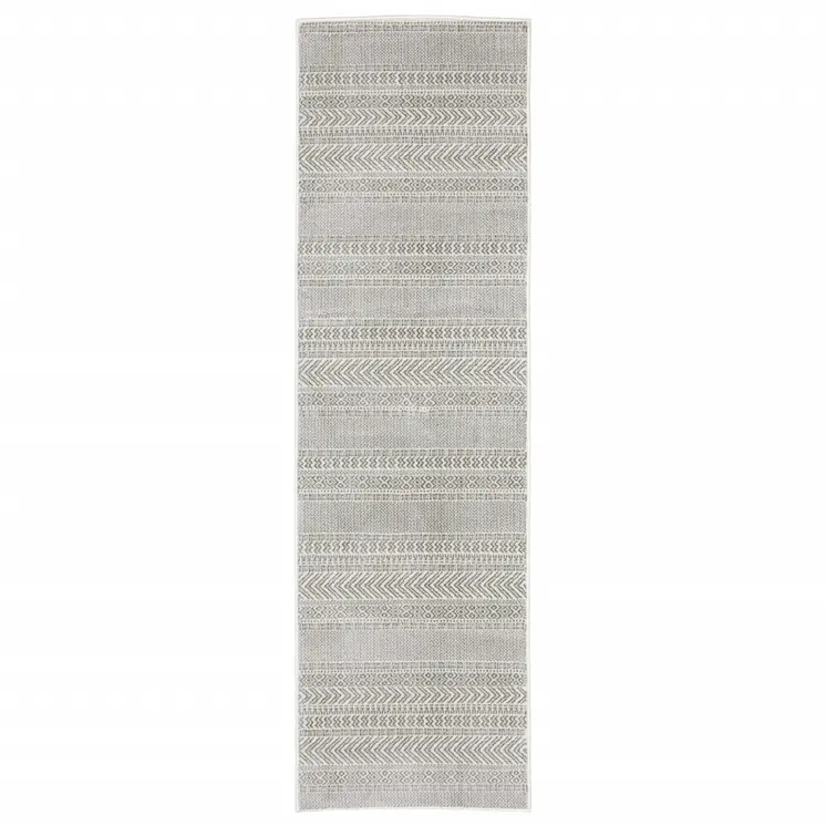 2' X 8' White And Grey Geometric Power Loom Stain Resistant Runner Rug