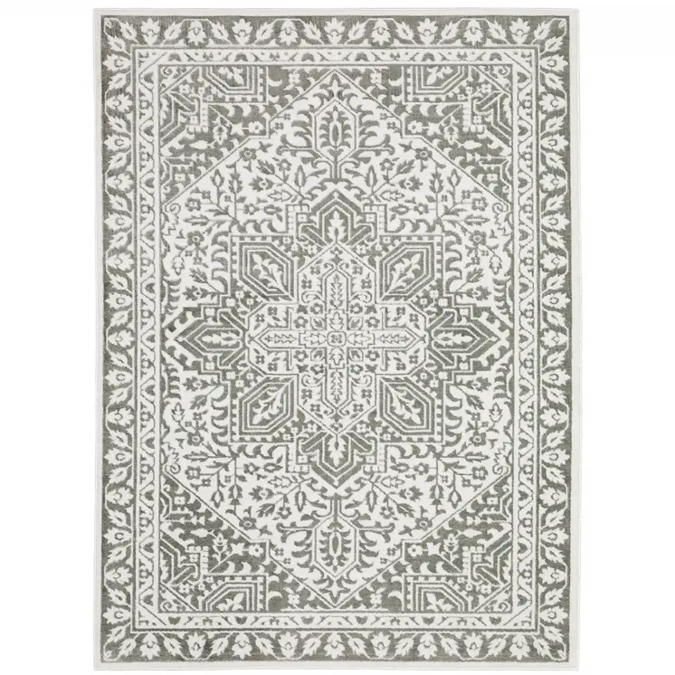 5' X 8' Grey And White Oriental Power Loom Stain Resistant Area Rug