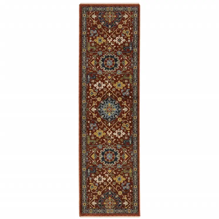2' X 8' Red Blue Gold And Ivory Oriental Power Loom Stain Resistant Runner Rug With Fringe