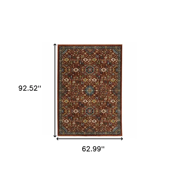 5' X 8' Red Blue Gold And Ivory Oriental Power Loom Stain Resistant Area Rug With Fringe