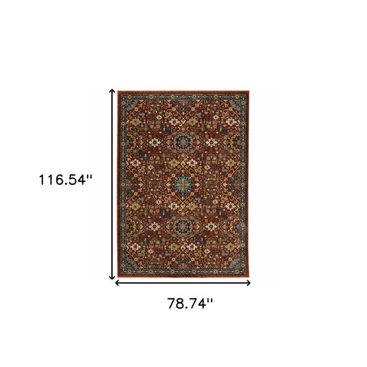 7' X 10' Red Yellow And Black Oriental Area Rug With Fringe