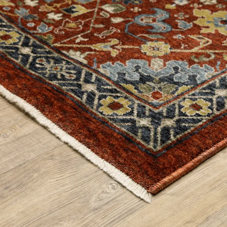 7' X 10' Red Yellow And Black Oriental Area Rug With Fringe