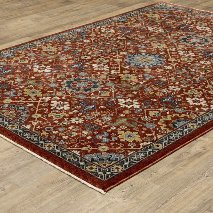 7' X 10' Red Yellow And Black Oriental Area Rug With Fringe