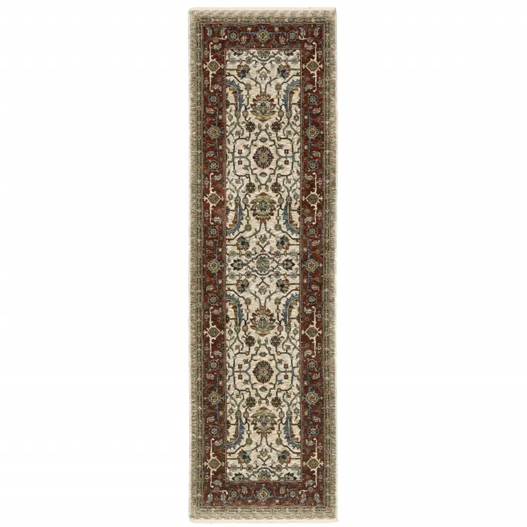 2' X 8' Ivory Red Green Grey Blue And Navy Oriental Power Loom Stain Resistant Runner Rug With Fringe