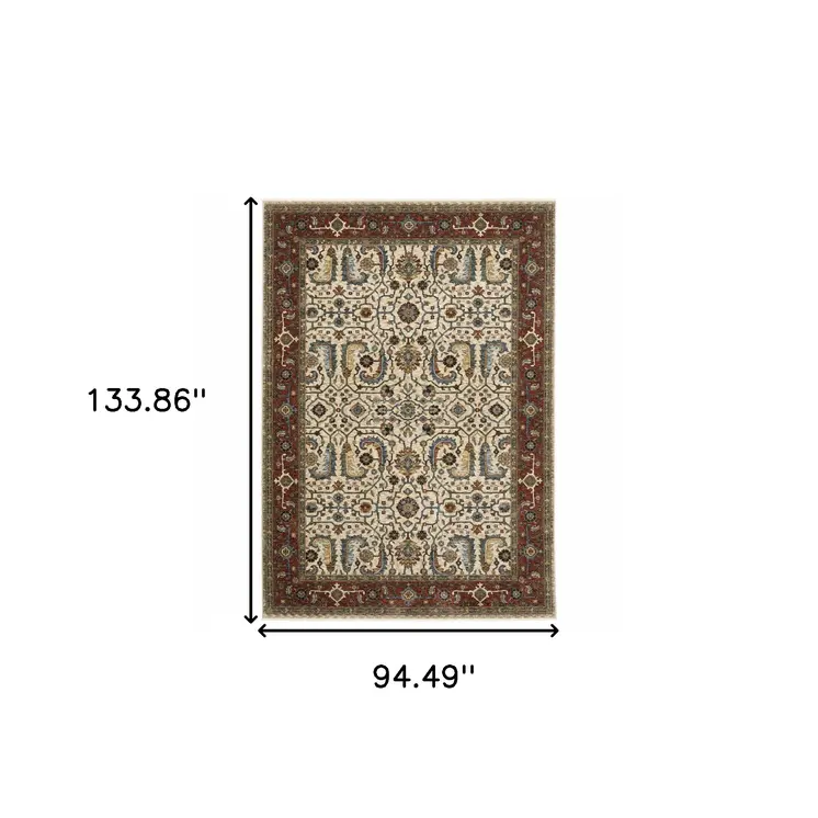 8' X 11' Ivory And Red Oriental Area Rug With Fringe