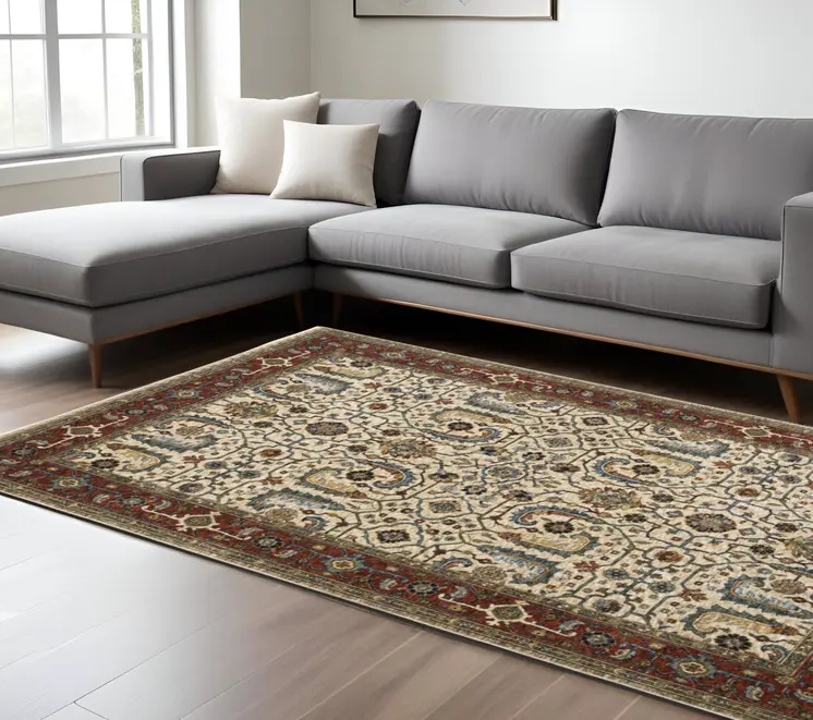 8' X 11' Ivory And Red Oriental Area Rug With Fringe