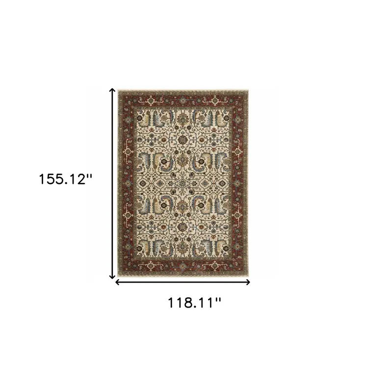 10' X 13' Ivory Red Green Grey Blue And Navy Oriental Power Loom Stain Resistant Area Rug With Fringe