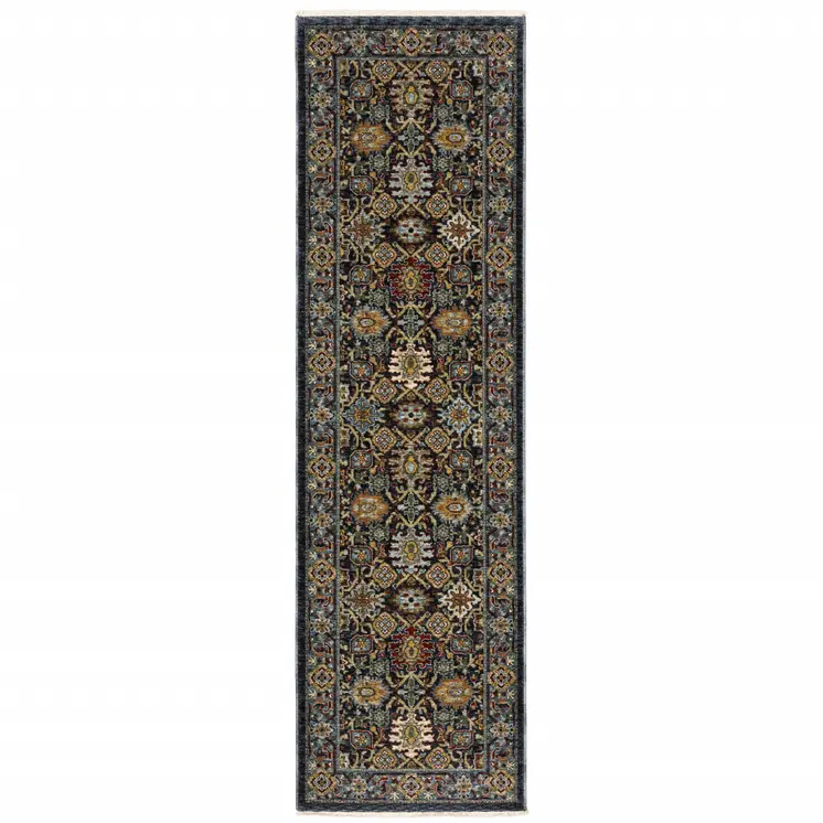 2' X 8' Blue And Beige Oriental Power Loom Runner Rug With Fringe