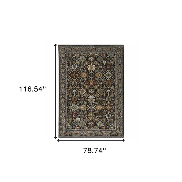 7' X 10' Blue And Beige Oriental Area Rug With Fringe