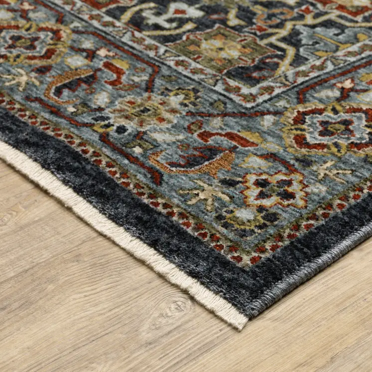 8' X 11' Blue And Beige Oriental Area Rug With Fringe